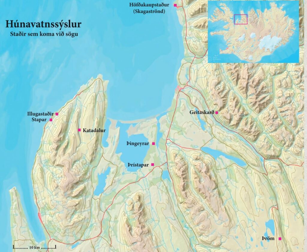 Kort á innsíðum kápu er útfært af höfundi og byggt á gjaldfrjálsum kortagrunni Landmælinga Íslands (www.atlas.lmi.is).