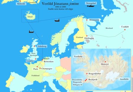 Kort á innsíðum kápu er útfært af höfundi og byggt á gjaldfrjálsum kortagrunni Landmælinga Íslands (www.atlas.lmi.is) og korti úr safni Wikimedia (https://commons.wikimedia.org).