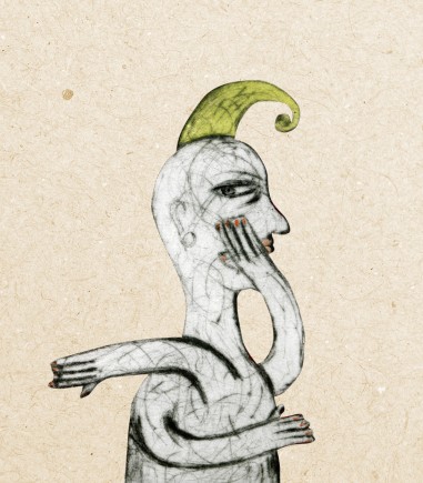 © 2007 Aðalheiður Ólöf Skarphéðinsdóttir. Einþrykk. Þurrnál og vatnslitir. Heiti: Sögustund (hluti myndar)