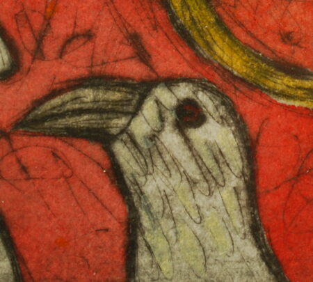 © 2004 Aðalheiður Ólöf Skarphéðinsdóttir. Grafíkmynd: Sögur að sunnan, þurrnál og vatnslitir. Hluti myndar.