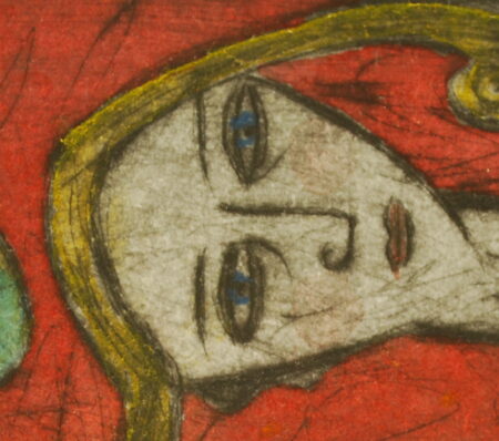 © 2004 Aðalheiður Ólöf Skarphéðinsdóttir. Grafíkmynd: Sögur að sunnan, þurrnál og vatnslitir. Hluti myndar.