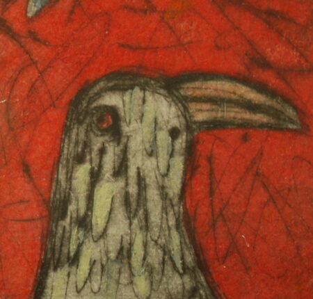 © 2004 Aðalheiður Ólöf Skarphéðinsdóttir. Grafíkmynd: Sögur að sunnan, þurrnál og vatnslitir. Hluti myndar.