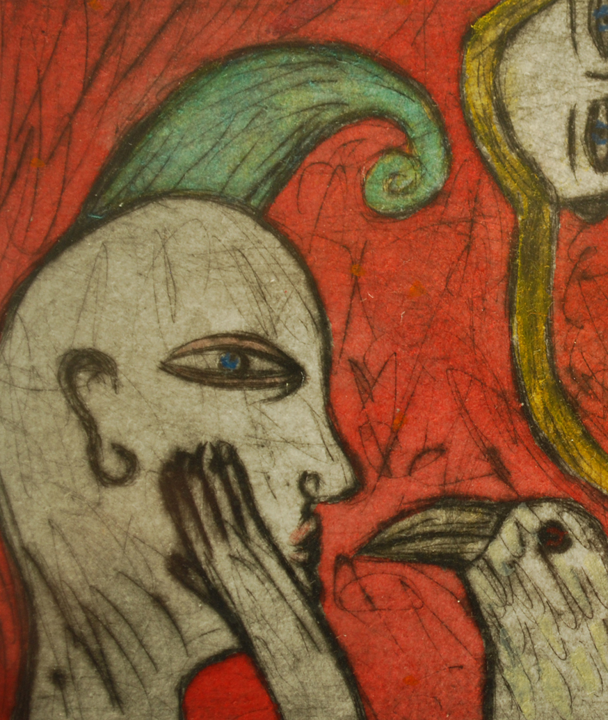 © 2004 Aðalheiður Ólöf Skarphéðinsdóttir. Grafíkmynd: Sögur að sunnan, þurrnál og vatnslitir. Hluti myndar.