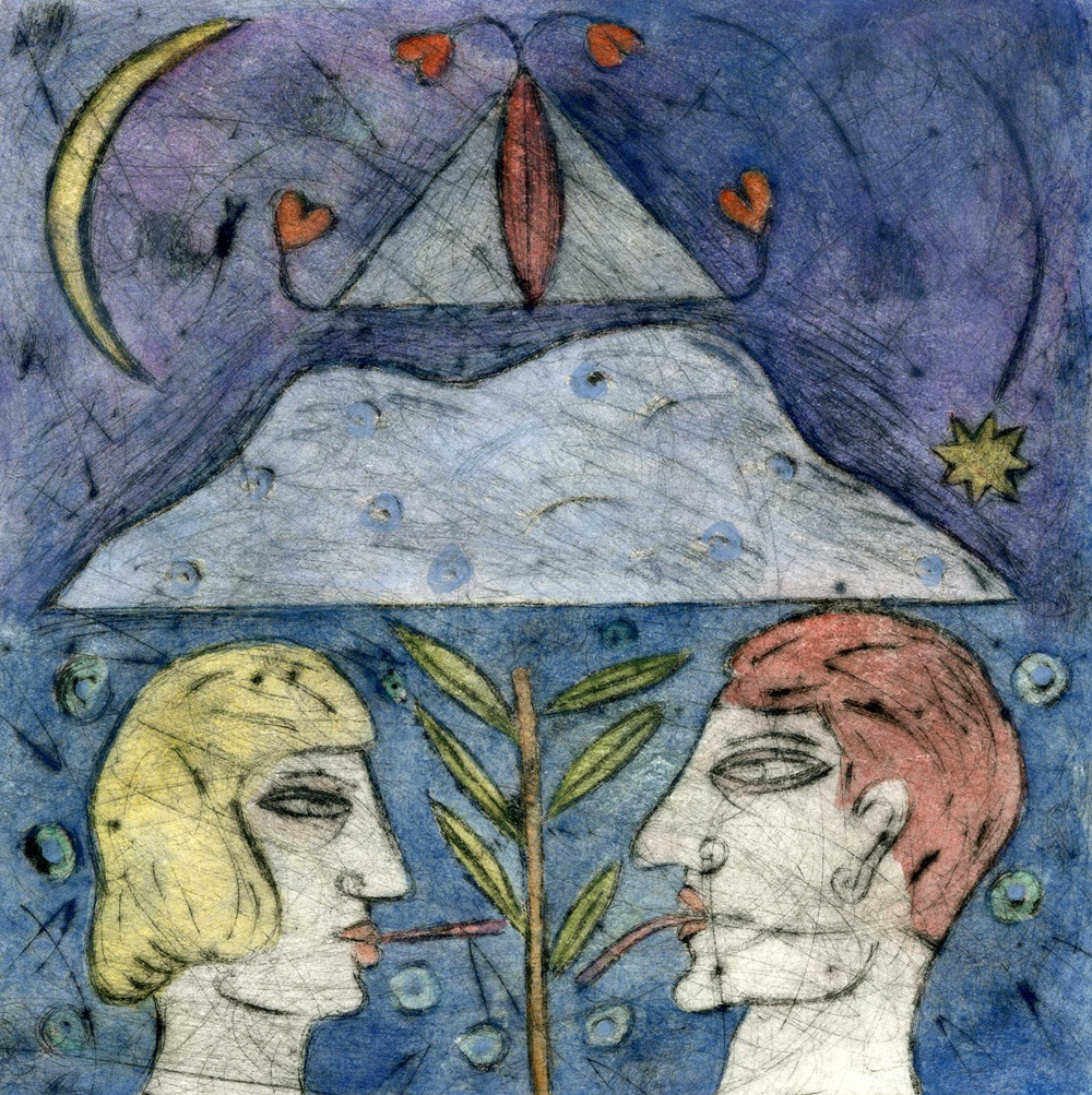 © 2004 Aðalheiður Ólöf Skarphéðinsdóttir. Grafíkmynd: Undir jökli. Þurrnál og vatnslitir.