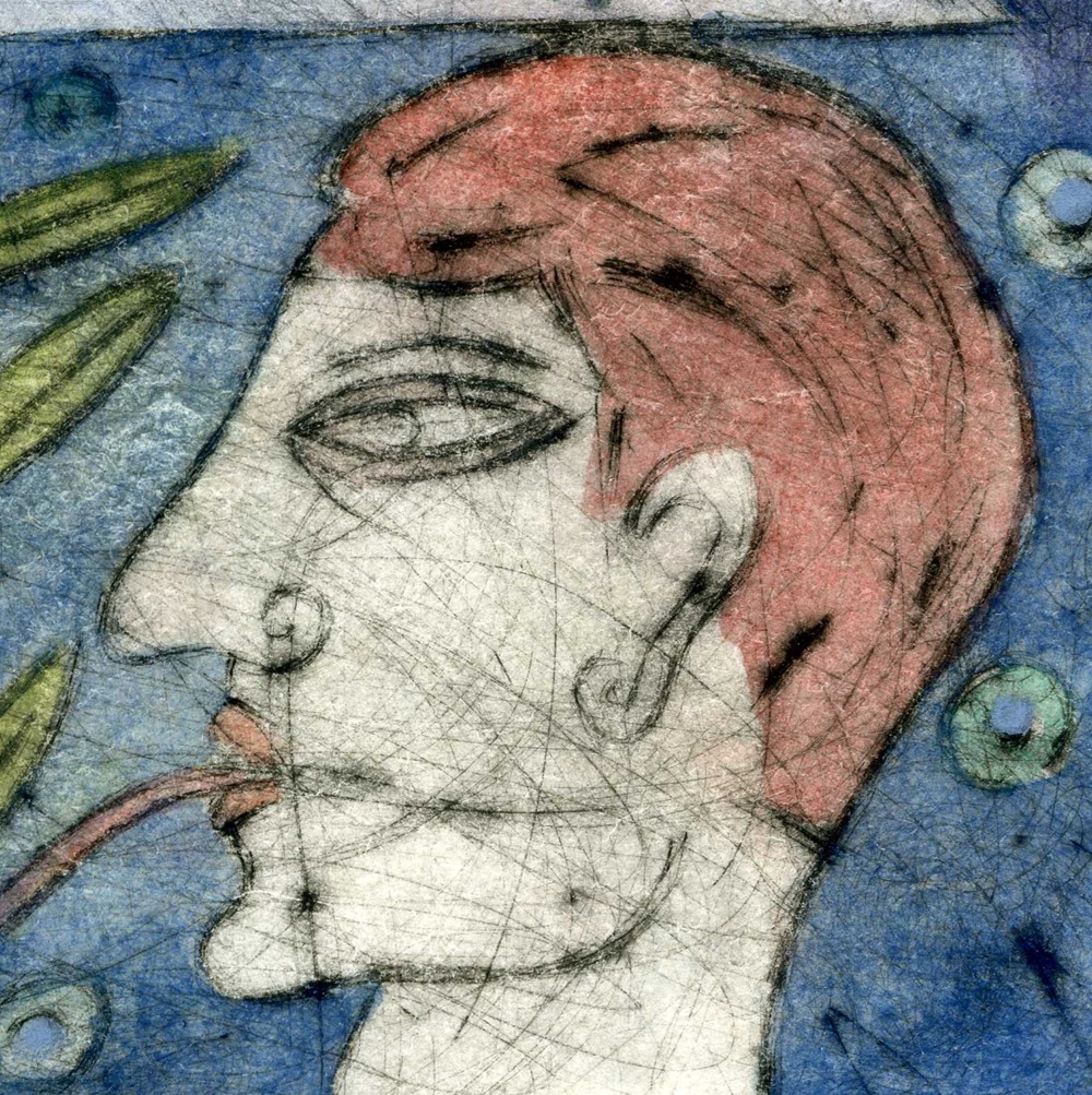 © 2004 Aðalheiður Ólöf Skarphéðinsdóttir. Grafíkmynd: Undir jökli. Þurrnál og vatnslitir. Hluti myndar.