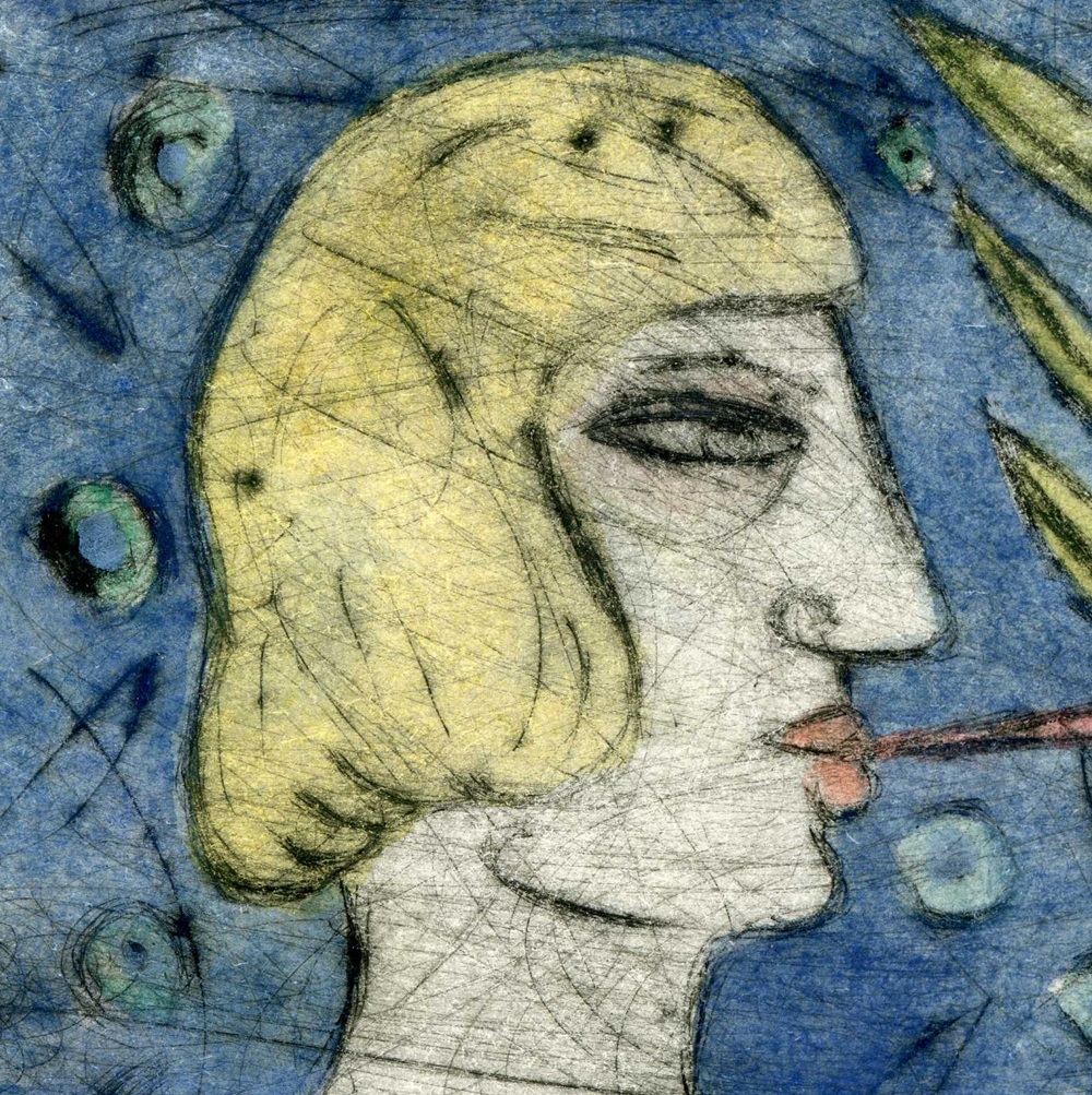 © 2004 Aðalheiður Ólöf Skarphéðinsdóttir. Grafíkmynd: Undir jökli. Þurrnál og vatnslitir. Hluti myndar.