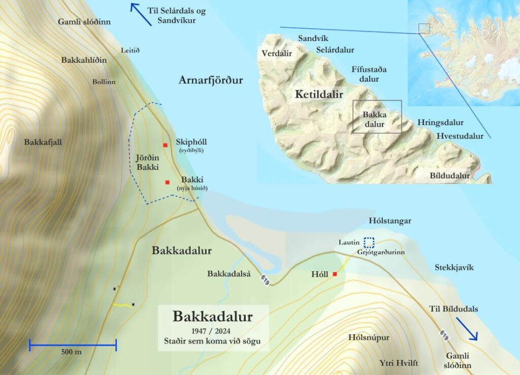 Kort af sögusviði bókarinnar Úti hvíslar golan